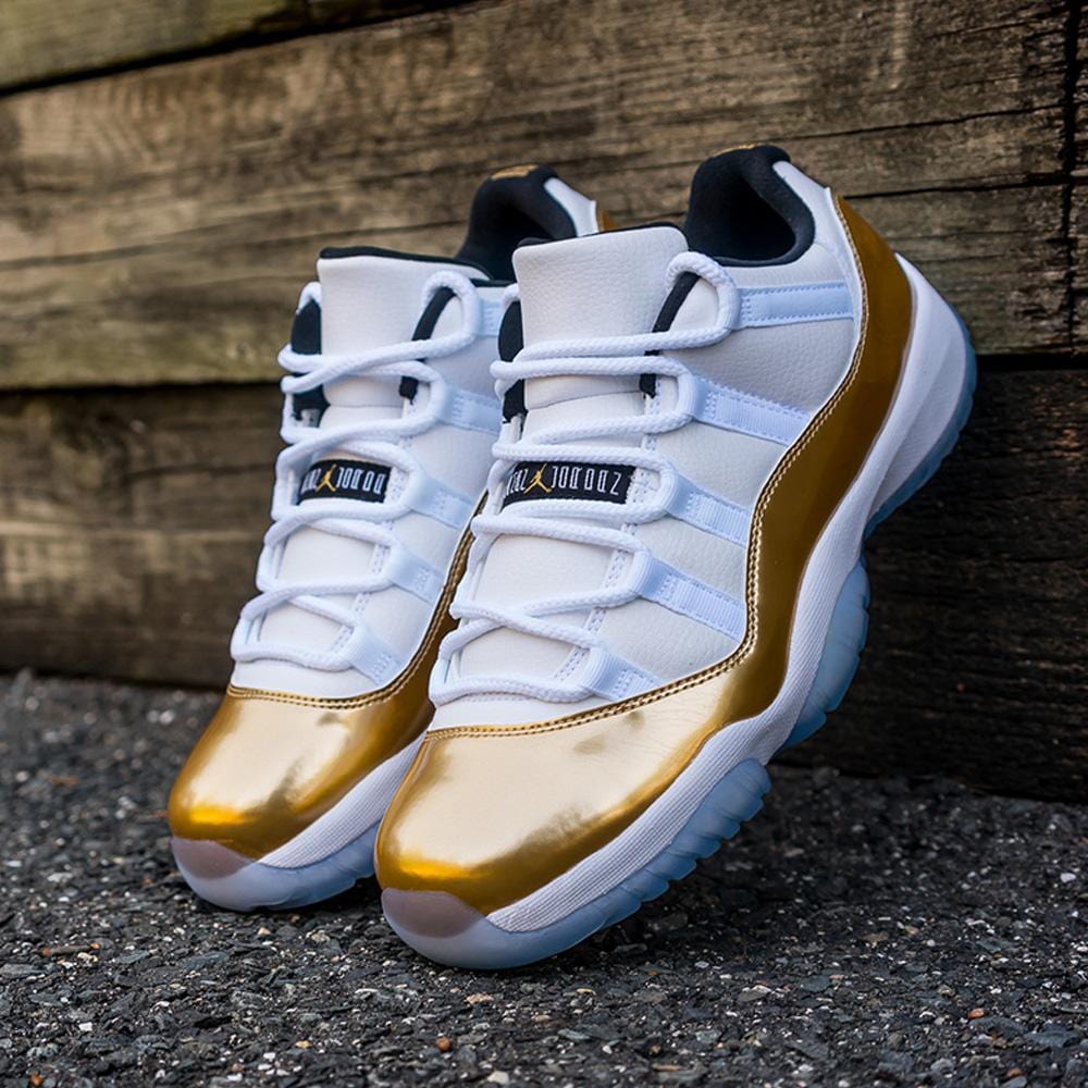 Air Jordan 11 Retro Low White- Metallic Gold — UK 3 | EU 35.5 | US 3.5 — Lifestyle View