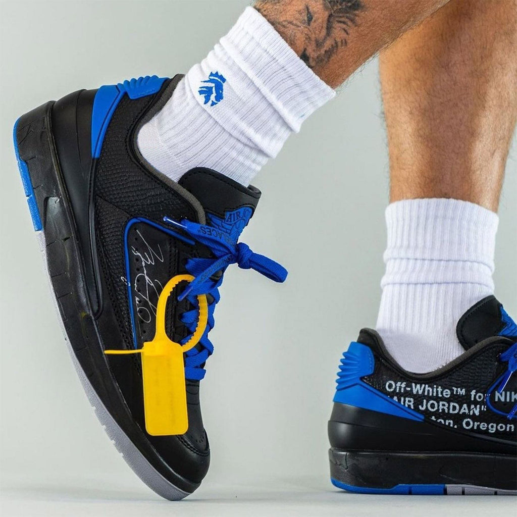 Off-White x Air Jordan 2 Retro Low SP 'Black Varsity Royal' — UK 3 | EU 35.5 | US 3.5 — Lifestyle View