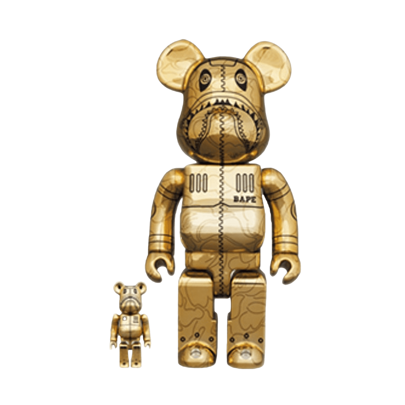 Bearbrick x BAPE x Hajime Sorayama Camo Shark 100% & 400% Set 'Gold' — Front View