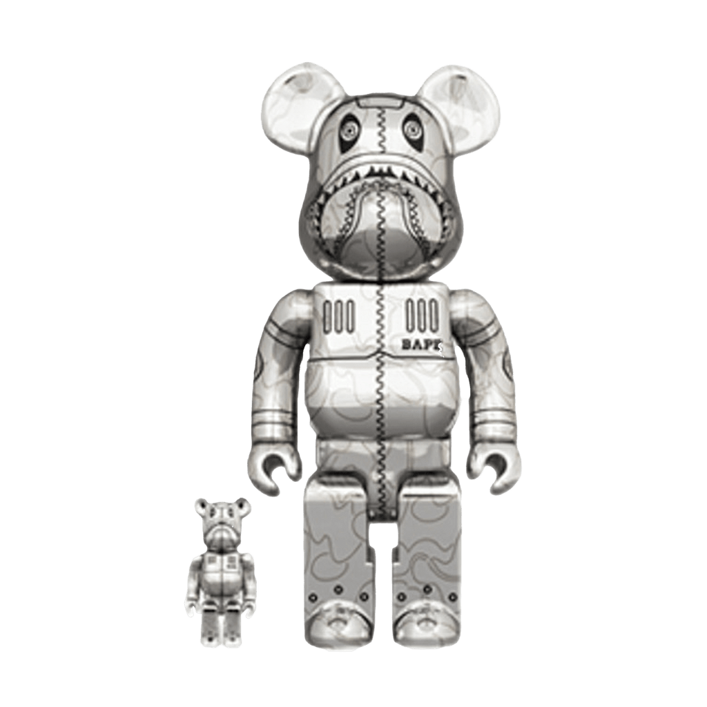 Bearbrick x BAPE x Hajime Sorayama Camo Shark 100% & 400% Set 'Silver' — Front View