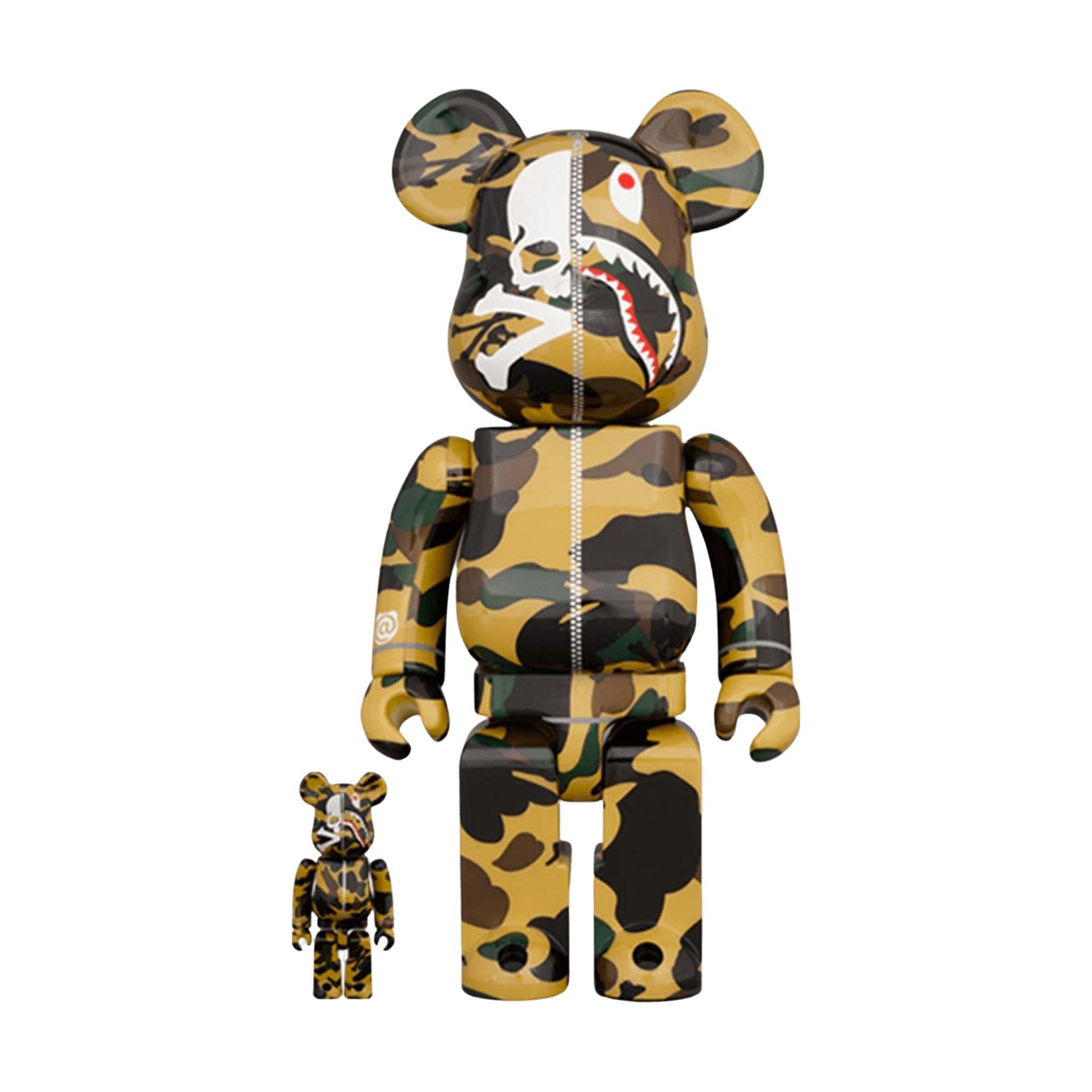 Bearbrick Mastermind vs Bape(R) Yellow 100% & 400% Set — Front View