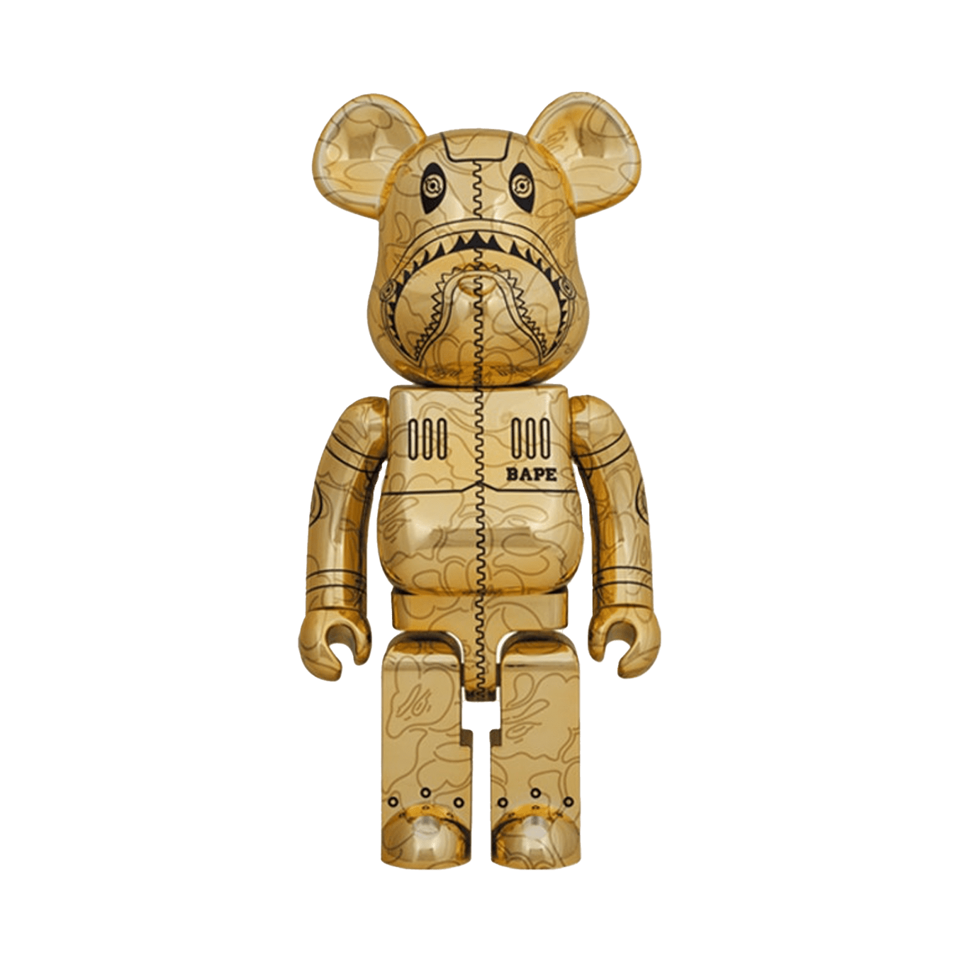 Bearbrick x BAPE x Hajime Sorayama Camo Shark 1000% 'Gold' — Front View