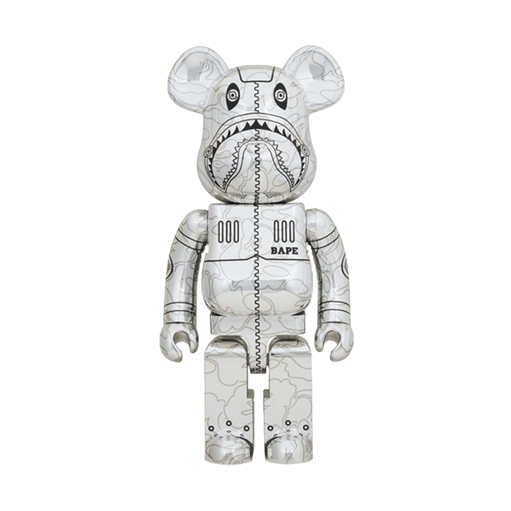 Bearbrick x BAPE x Hajime Sorayama Camo Shark 1000% 'Silver' — Front View