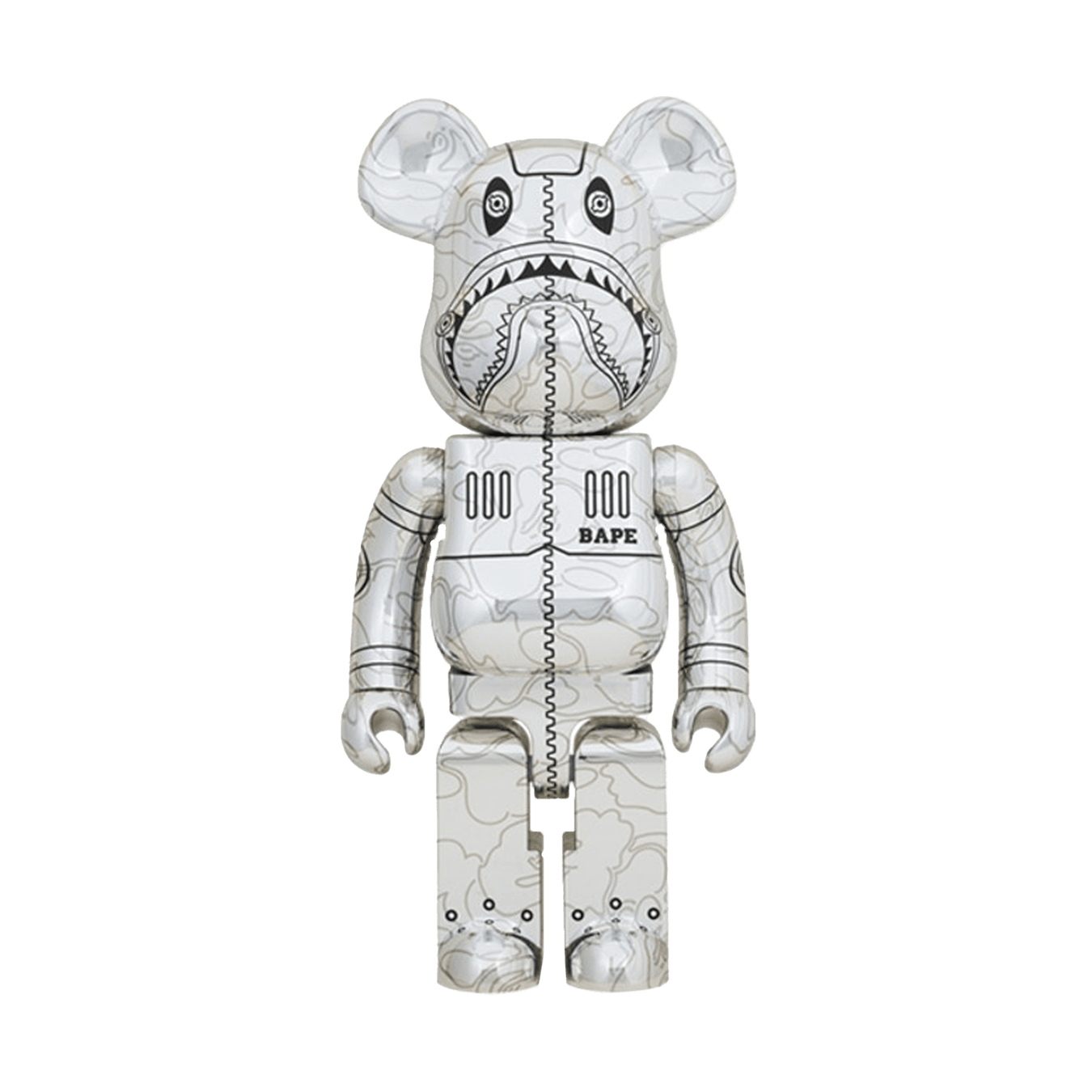 Bearbrick x BAPE x Hajime Sorayama Camo Shark 1000% 'Silver' — Front View