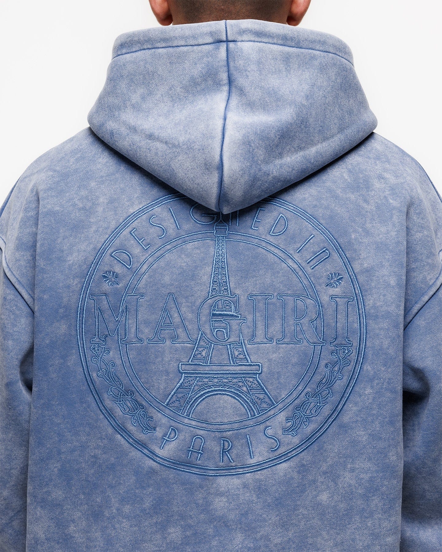 Magiri Embroidered Acid Wash Hoodie 'Washed Blue' — Washed Blue — Size S — Lifestyle View