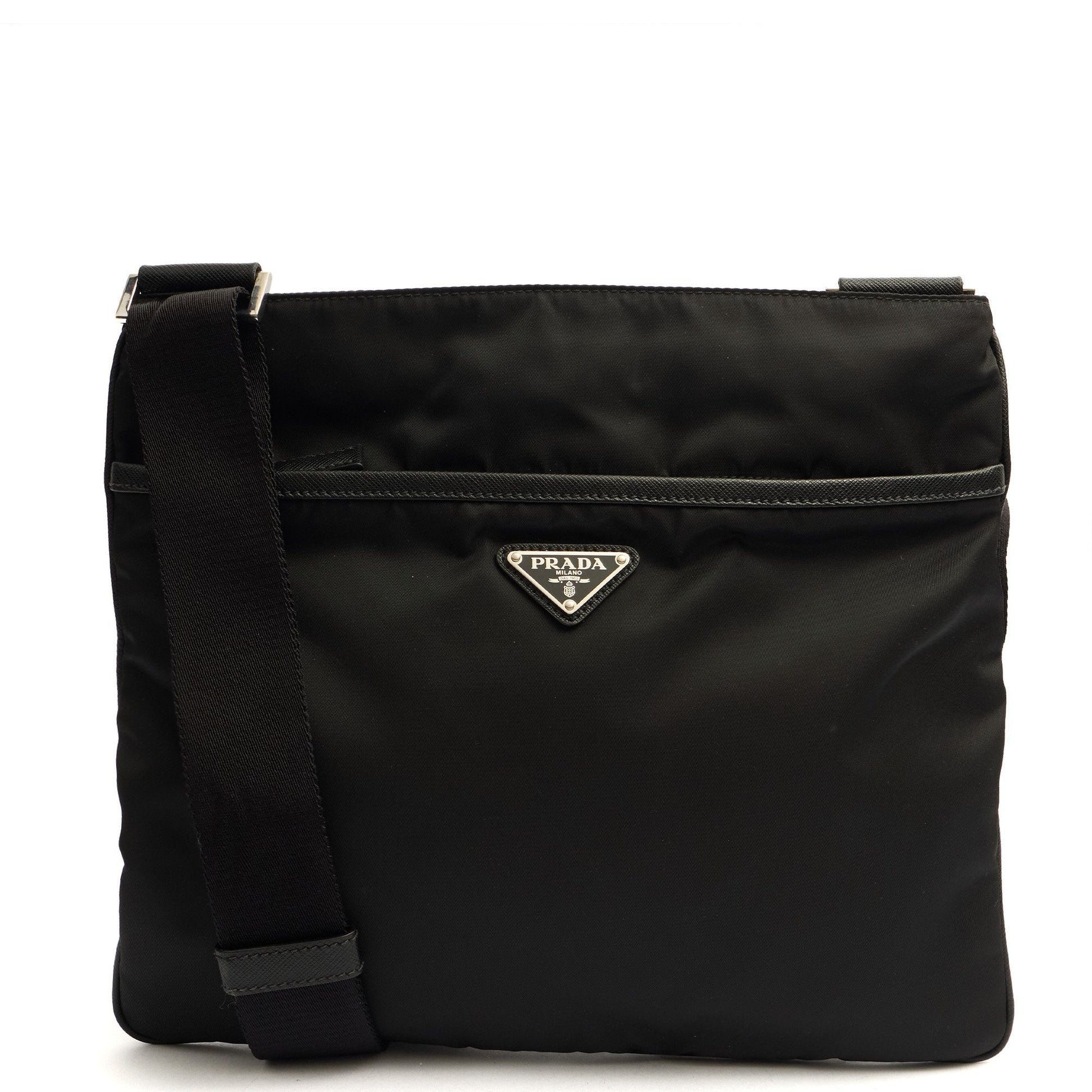 Prada Cross Body Nylon Messenger in Black, Nylon — Front View