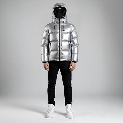 Helvetica Mountain Pioneers Cosmos Hooded Down Jacket - Silver — S — Size Silver — Side View