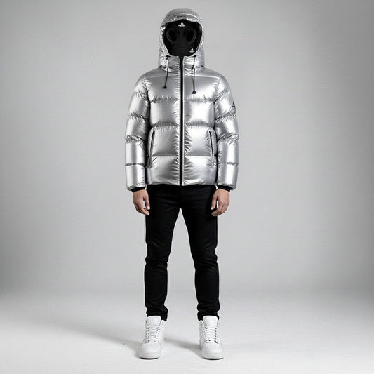 Helvetica Mountain Pioneers Cosmos Hooded Down Jacket - Silver — S — Size Silver — Side View