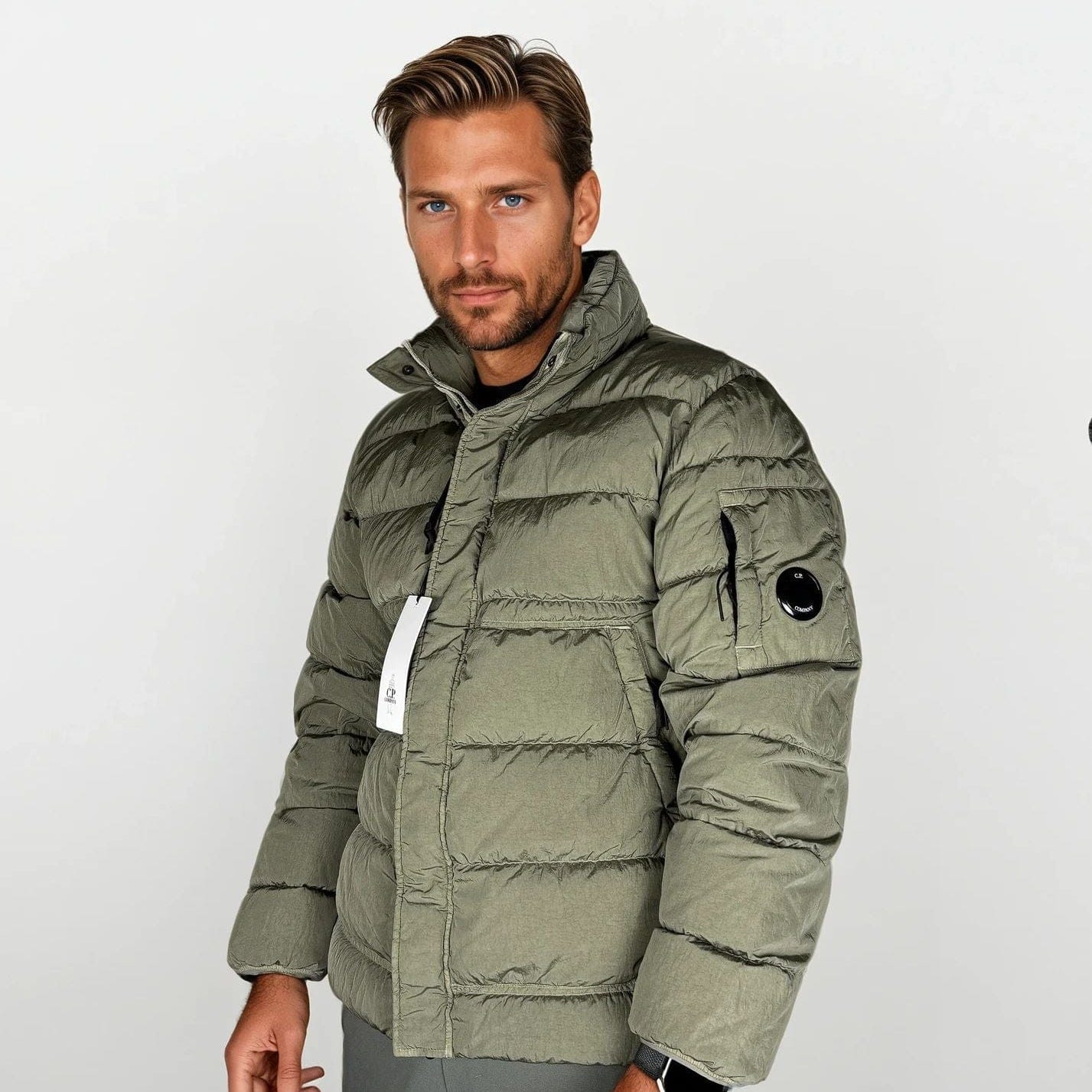 CP Company Chrome-R Down Jacket in Gunmetal Grey — XS — Lifestyle View
