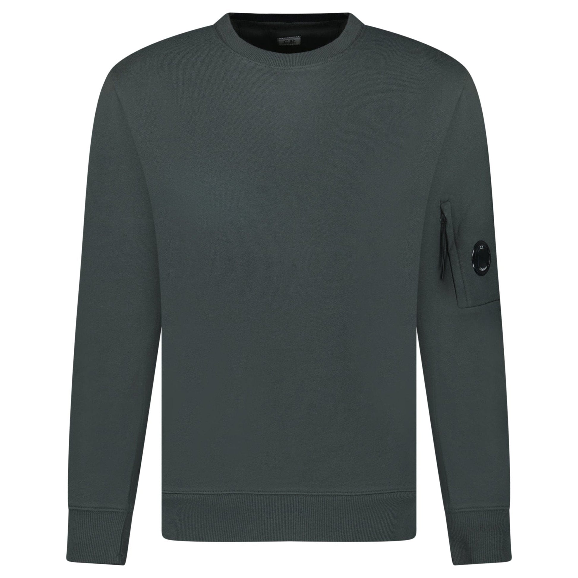 CP Company Diagonal Raised Fleece Crewneck Lens Sweatshirt Dark Shadow Grey — S — Front View