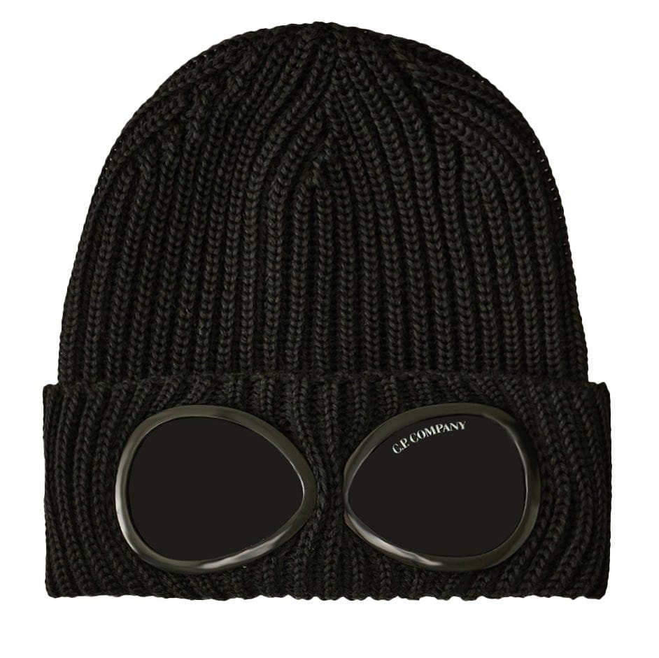 CP Company Goggle Beanie Hat in Extra Fine Merino Wool Black — Front View