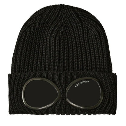 CP Company Goggle Beanie Hat in Extra Fine Merino Wool Black — Front View