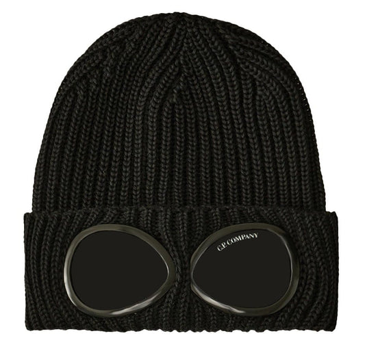 CP Company Goggle Beanie Hat in Extra Fine Merino Wool Black — Front View