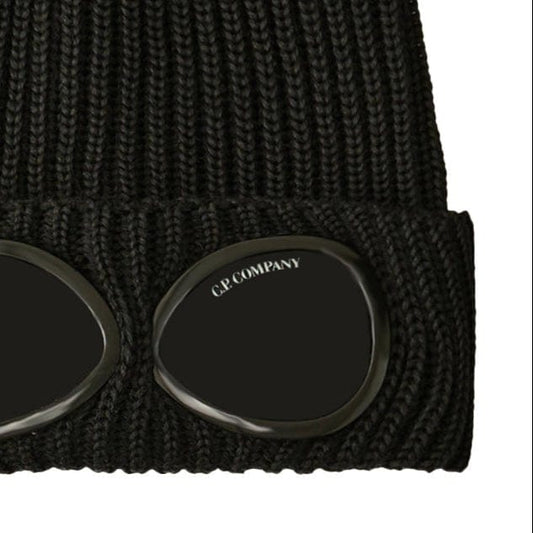 CP Company Goggle Beanie Hat in Extra Fine Merino Wool Black — Side View