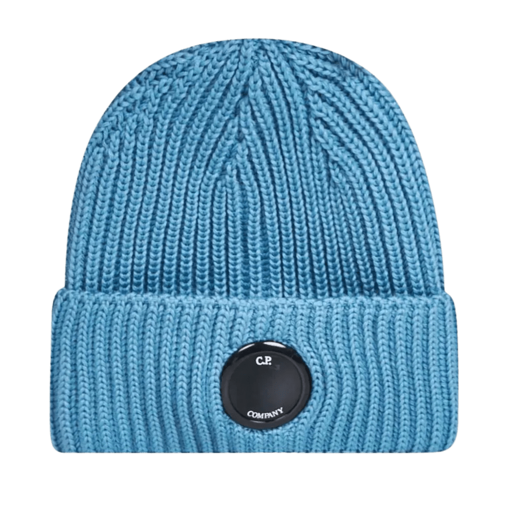 CP Company Lens Extra Fine Merino Wool Beanie in Blue — Front View