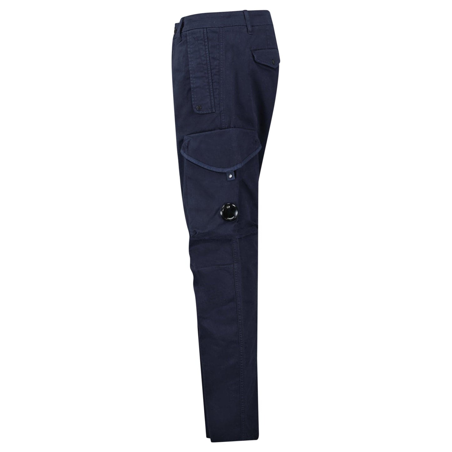 CP Company Stretch Sateen Ergonomic Lens Cargo Pants in Navy — W30 (S) — Side View
