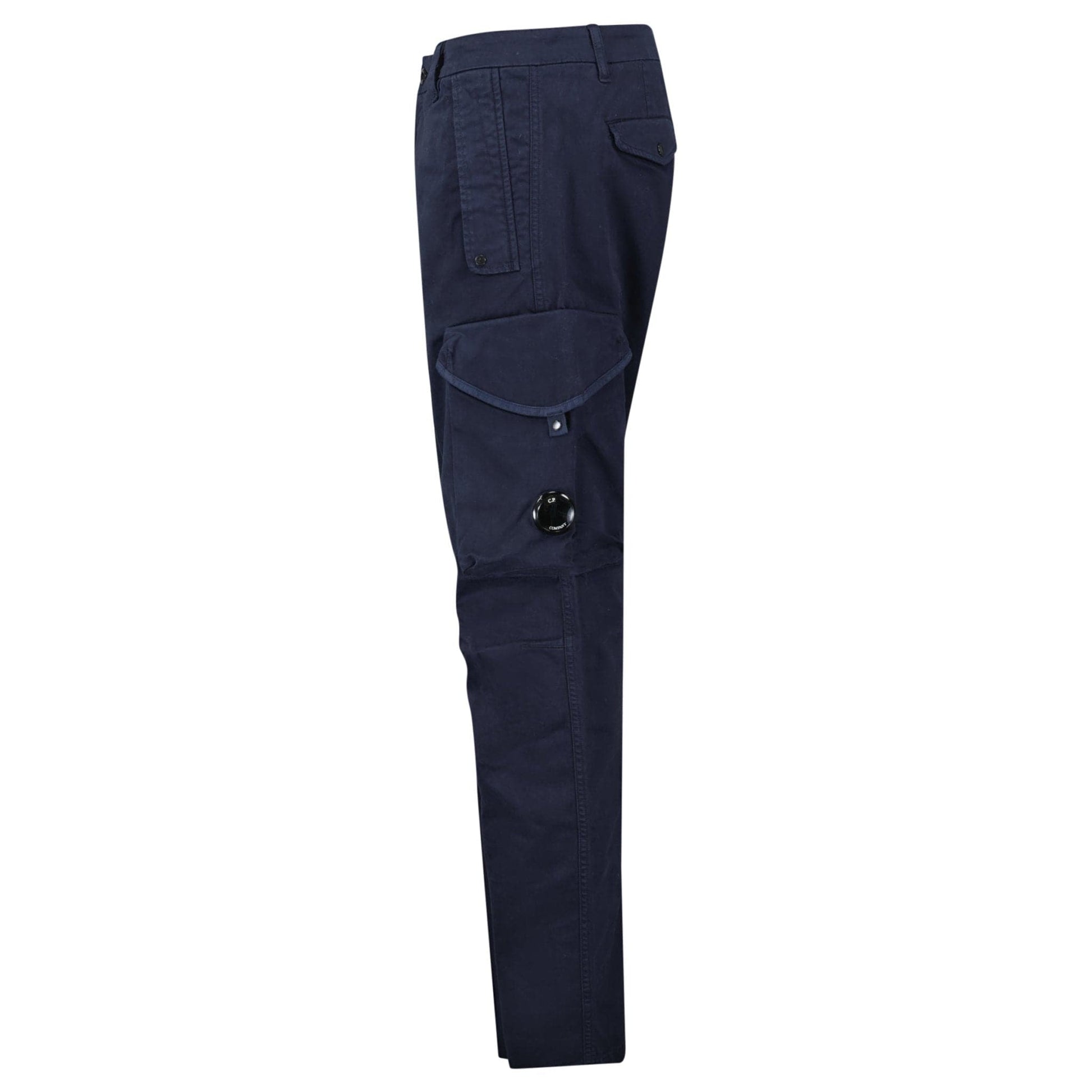 CP Company Stretch Sateen Ergonomic Lens Cargo Pants in Navy — W30 (S) — Side View
