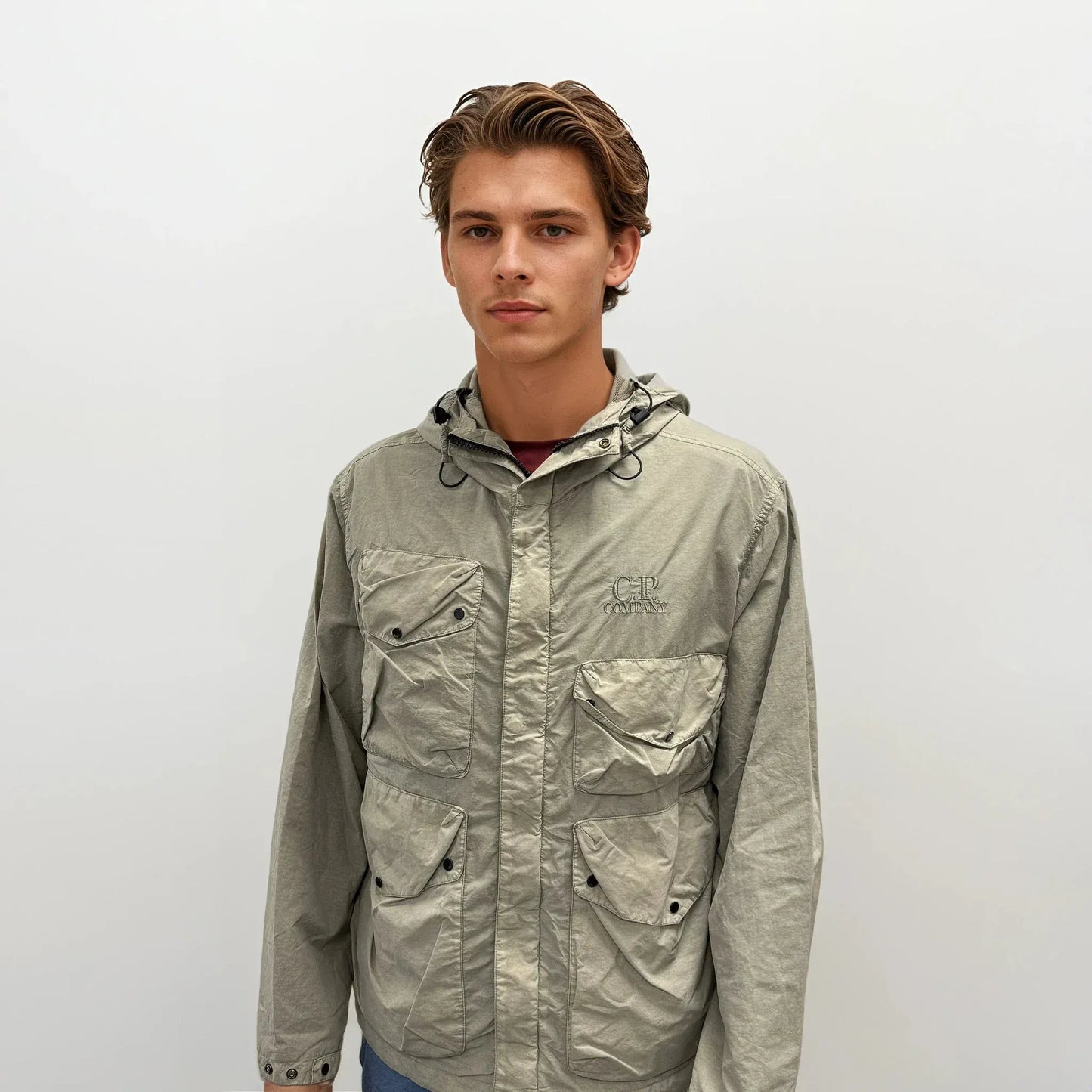CP Company Vintage Khaki Flatt Nylon Goggle Jacket — S — Side View