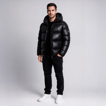Helvetica Mountain Pioneers Edge Hooded Down Jacket — S — Side View