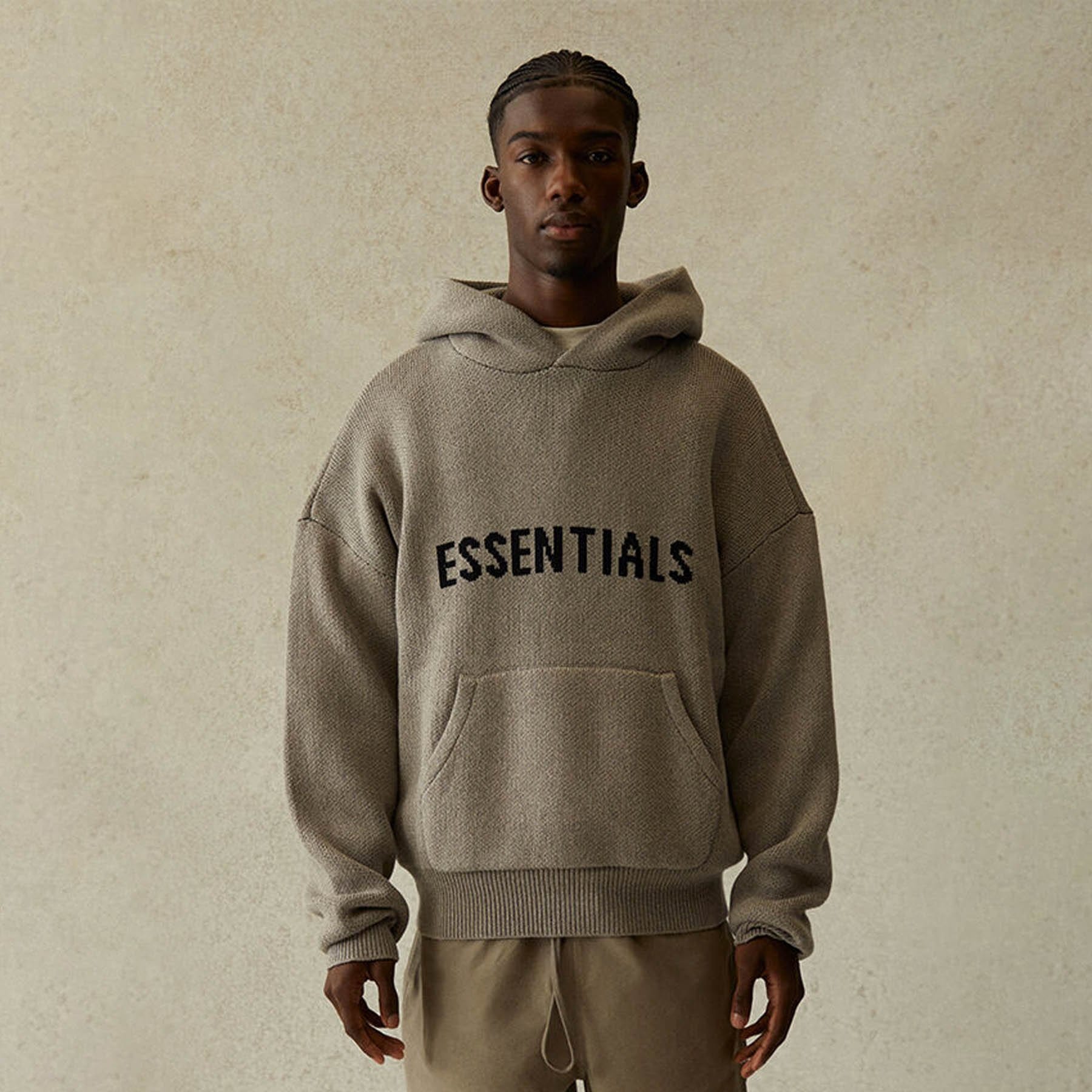 FEAR OF GOD ESSENTIALS Knit Pullover Hoodie Dark Heather Oatmeal — XXS — Side View