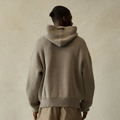 FEAR OF GOD ESSENTIALS Knit Pullover Hoodie Dark Heather Oatmeal — XXS — Back View