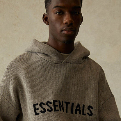 FEAR OF GOD ESSENTIALS Knit Pullover Hoodie Dark Heather Oatmeal — XXS — Top View