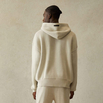 FEAR OF GOD ESSENTIALS Knit Pullover Hoodie Light Heather Oatmeal — XXS — Back View