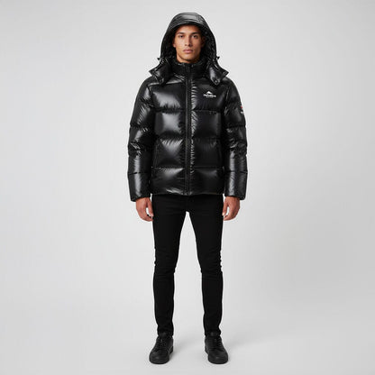 Helvetica Mountain Pioneers Freezer Hooded Down Jacket — S — Top View