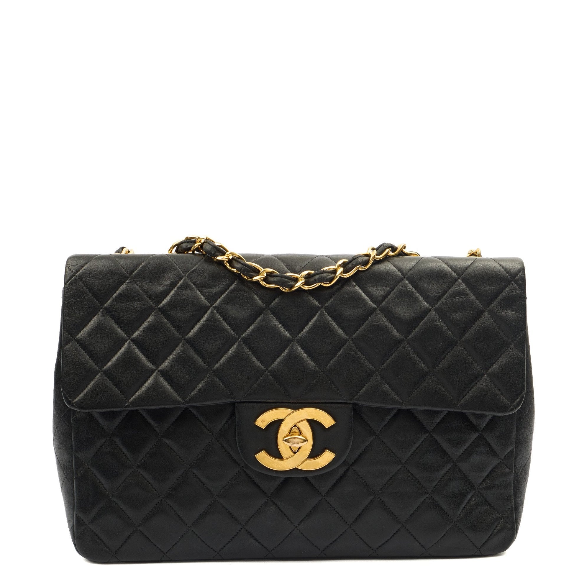 Chanel Shoulder Bag Maxi Jumbo XL in Black, Lambskin Leather — Front View
