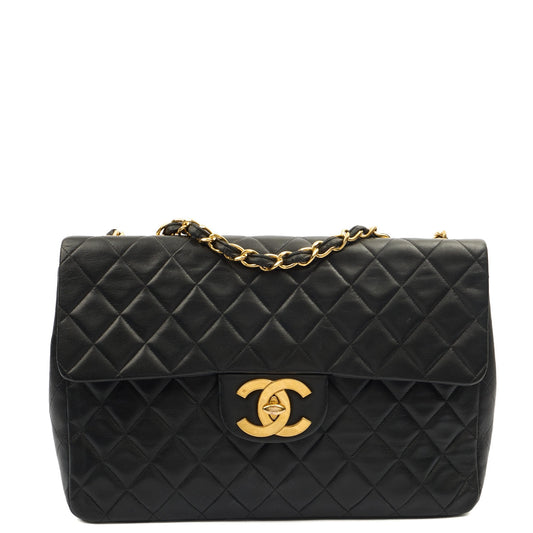 Chanel Shoulder Bag Maxi Jumbo XL in Black, Lambskin Leather — Front View