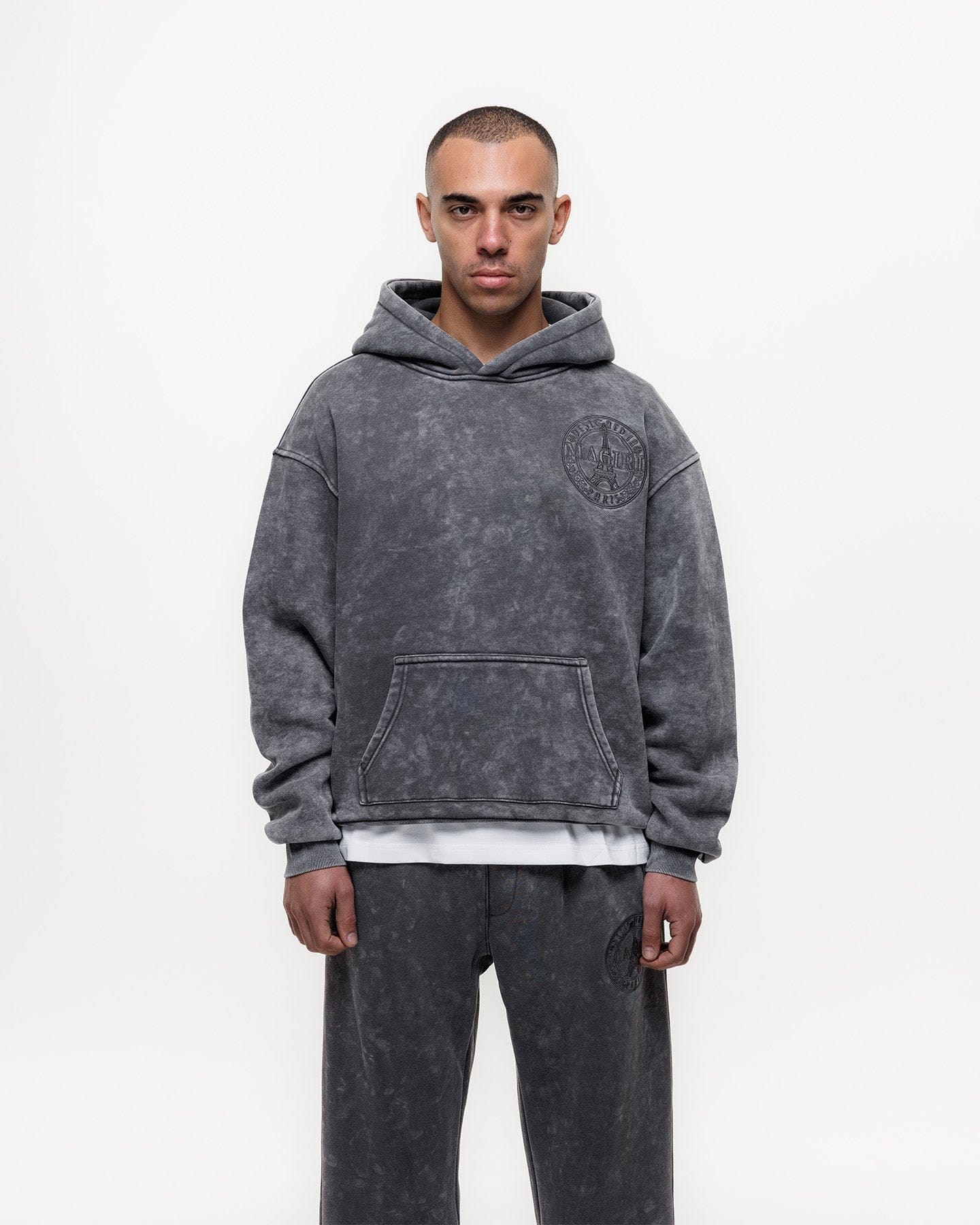 Magiri Embroidered Acid Wash Hoodie 'Washed Grey' — Washed Grey — Size S — Top View