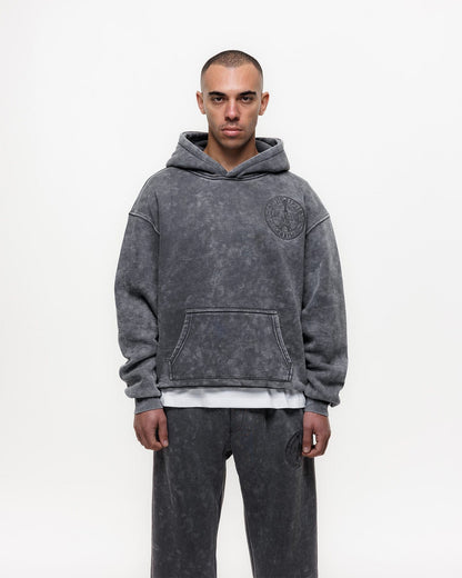 Magiri Embroidered Acid Wash Hoodie 'Washed Grey' — Washed Grey — Size S — Top View