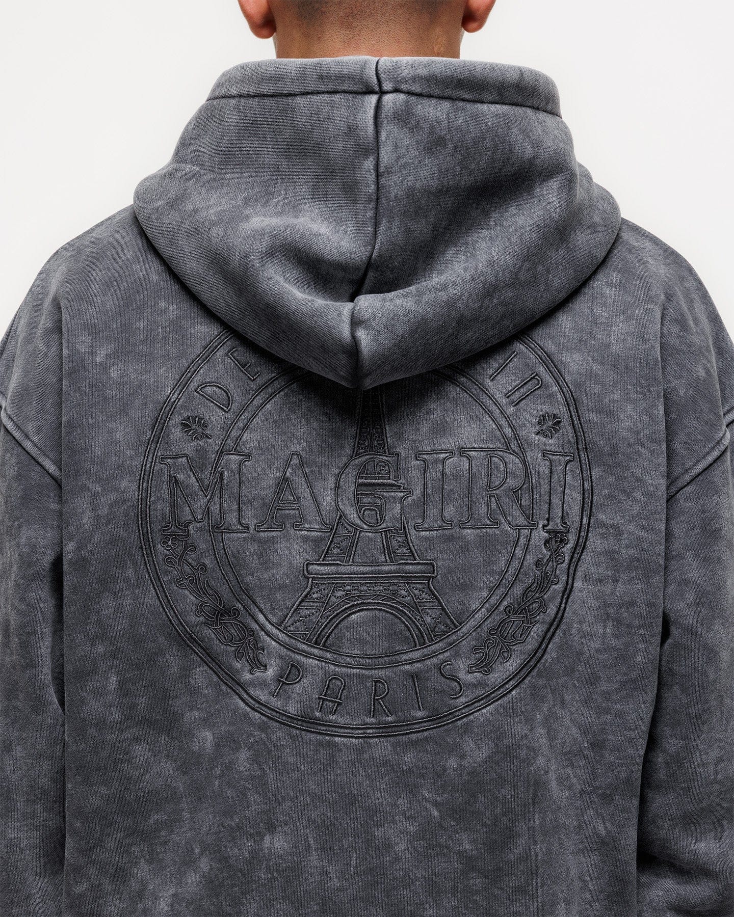 Magiri Embroidered Acid Wash Hoodie 'Washed Grey' — Washed Grey — Size S — Lifestyle View
