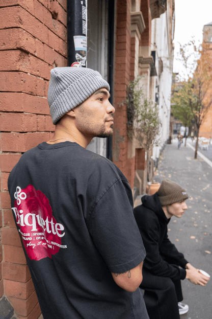 Etiquette Ribbed Beanie 'Grey' — Light Grey Heather — Back View