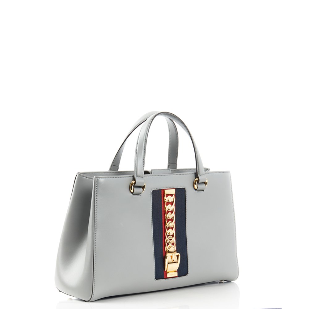Gucci Tote Sylvie Top Handle Bag in Dusty Grey, Leather — Side View
