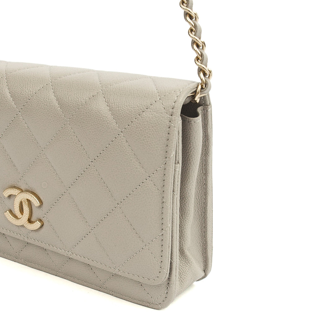 Chanel Cross Body Wallet on Chain in Grey, Caviar Leather (GHW) — Detail View