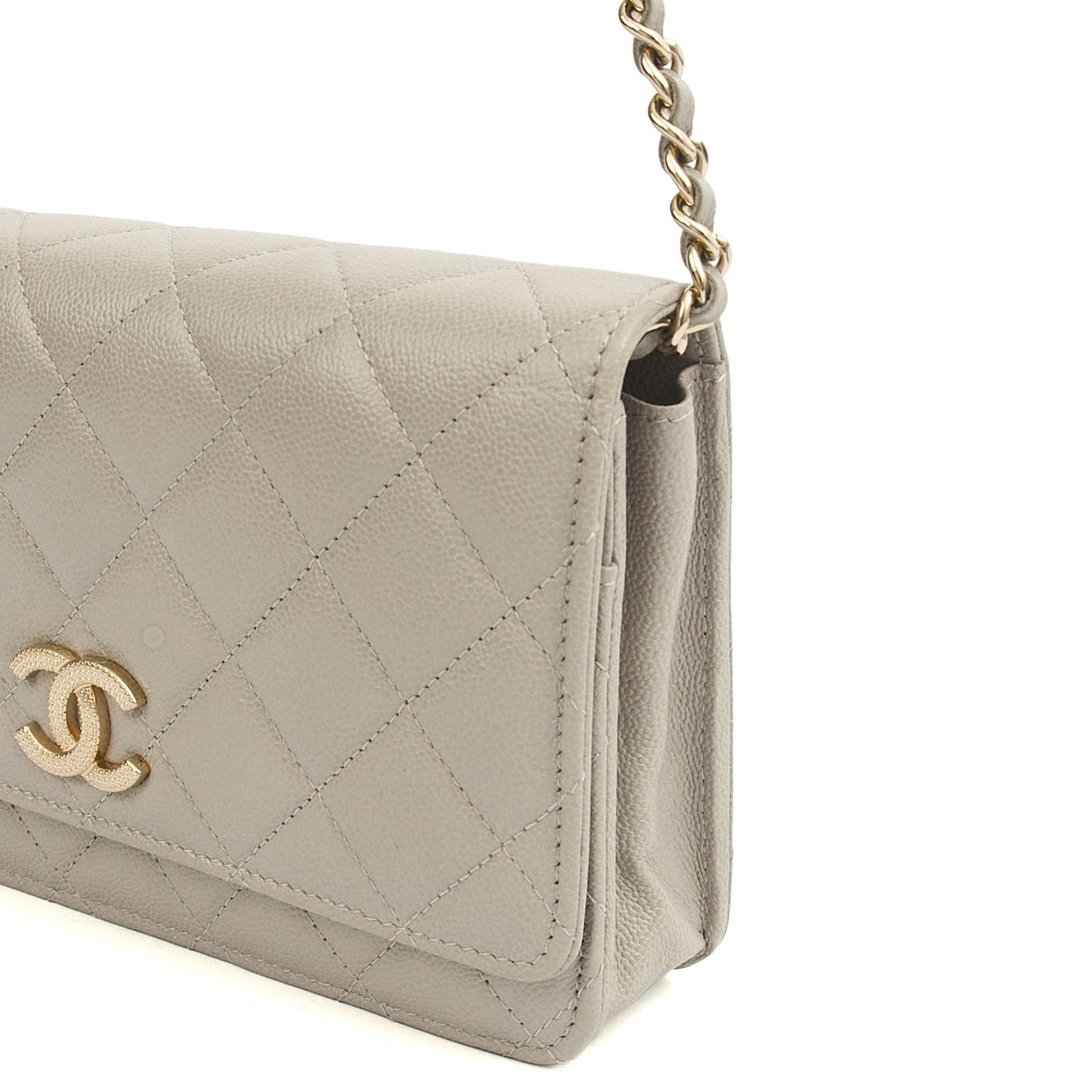Chanel Cross Body Wallet on Chain in Grey, Caviar Leather (GHW) — Detail View