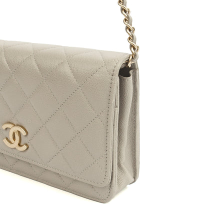 Chanel Cross Body Wallet on Chain in Grey, Caviar Leather (GHW) — Detail View