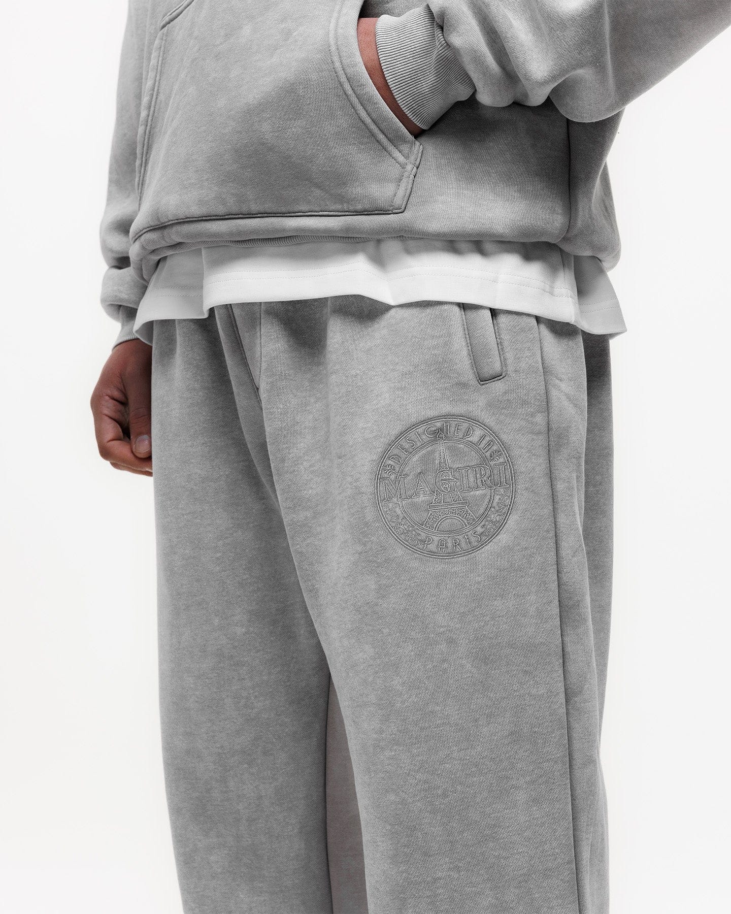 Magiri Embroidered Acid Wash Joggers 'Washed Oatmeal' — Washed Oatmeal — Size S — Lifestyle View