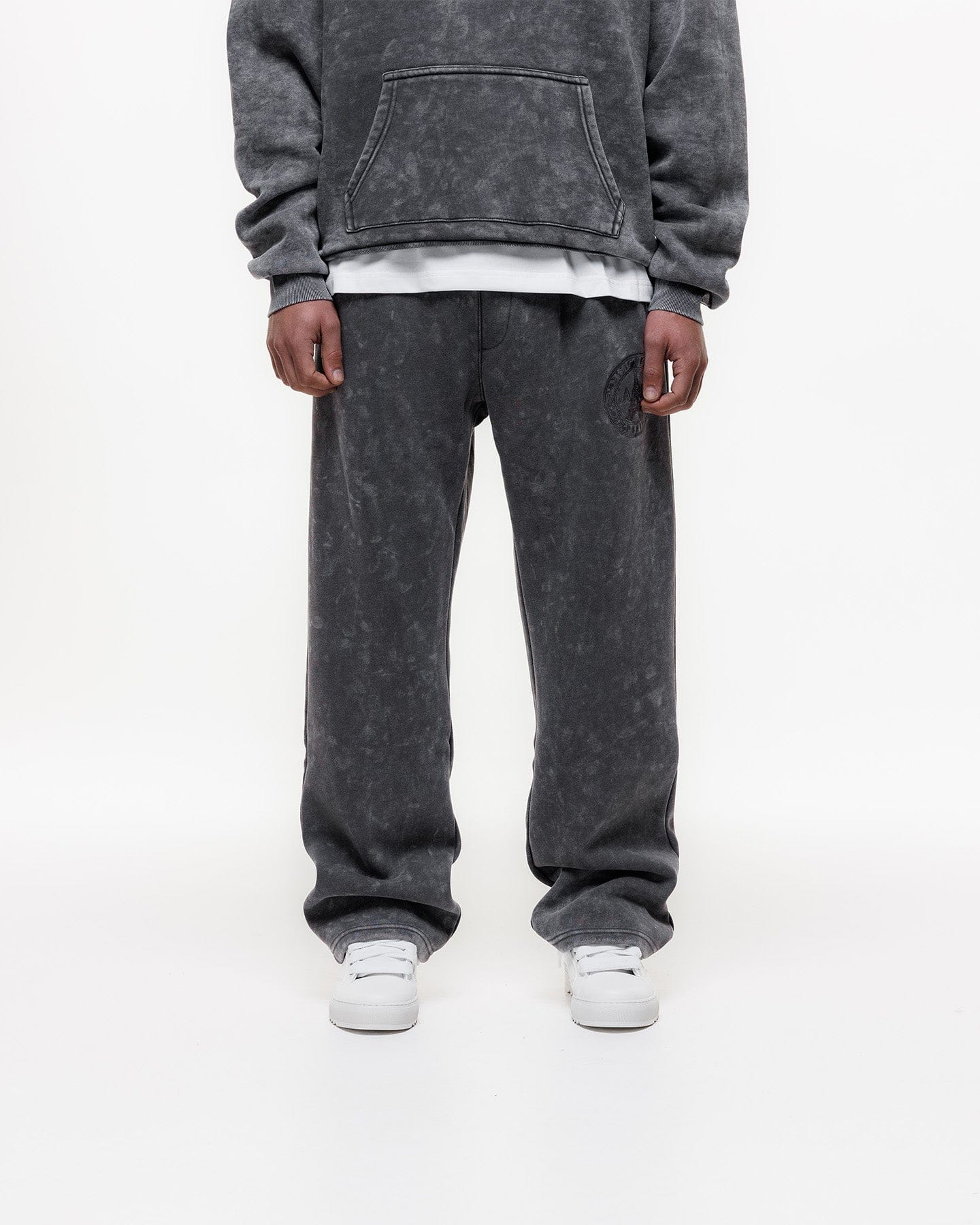 Magiri Embroidered Acid Wash Joggers 'Washed Grey' — Washed Grey — Size S — Detail View