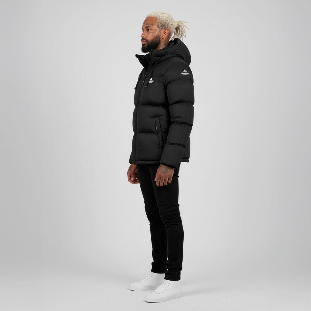 Helvetica Mountain Pioneers Middle Block Hooded Down Jacket — S — Detail View