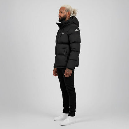 Helvetica Mountain Pioneers Middle Block Hooded Down Jacket — S — Detail View
