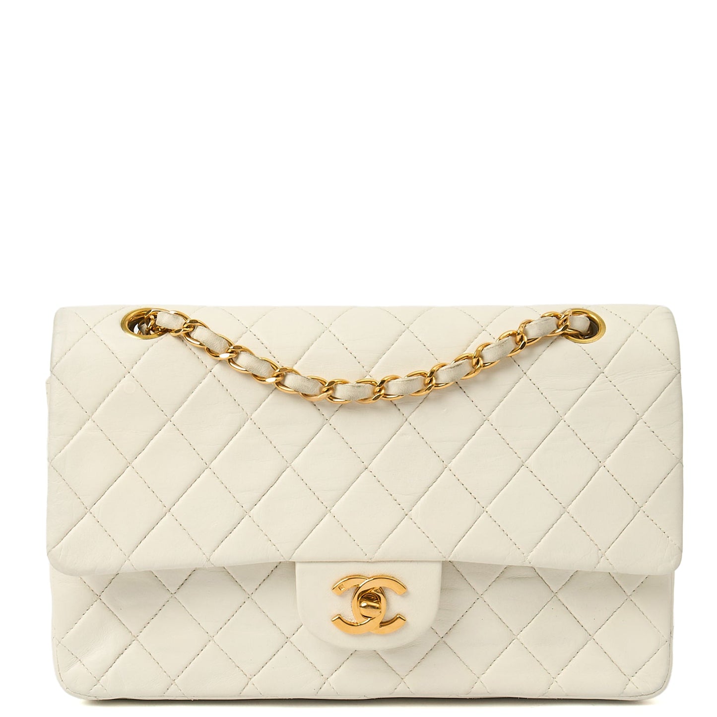 Classic Double Flap- Medium in White, Calfskin Leather With Gold Hardware — Front View
