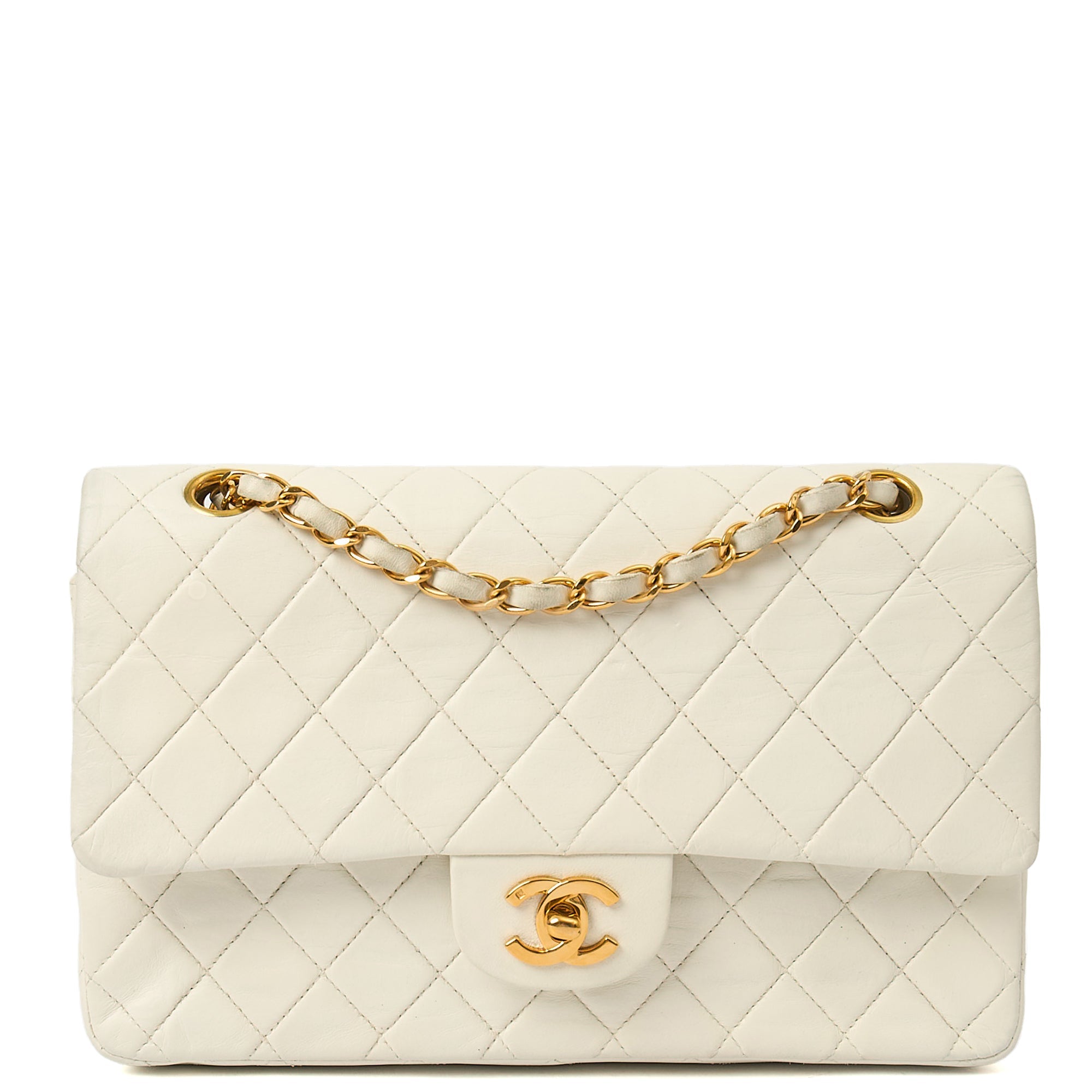 Classic Double Flap- Medium in White, Calfskin Leather With Gold Hardware — Front View