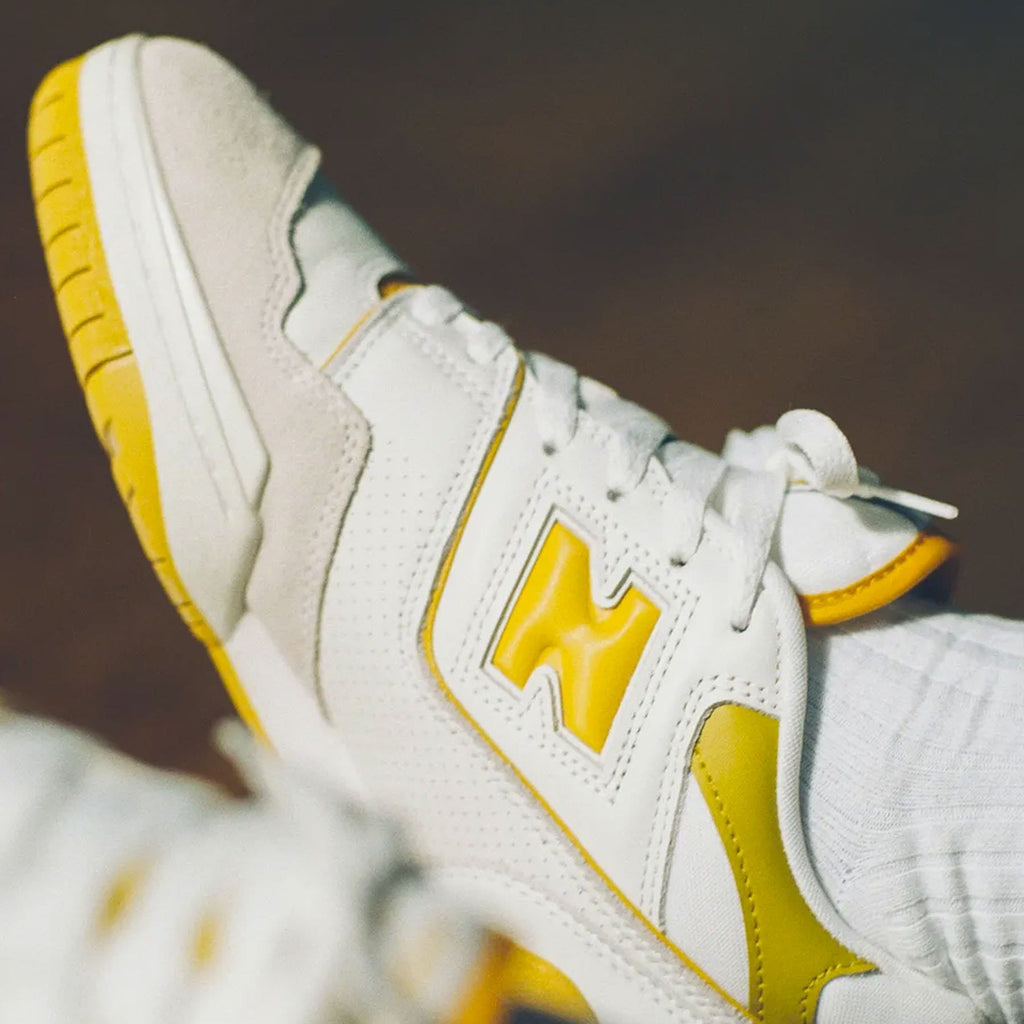 New Balance 550 Sea Salt 'Varsity Gold' — UK 3.5 | EU 36 | US 4 — Lifestyle View