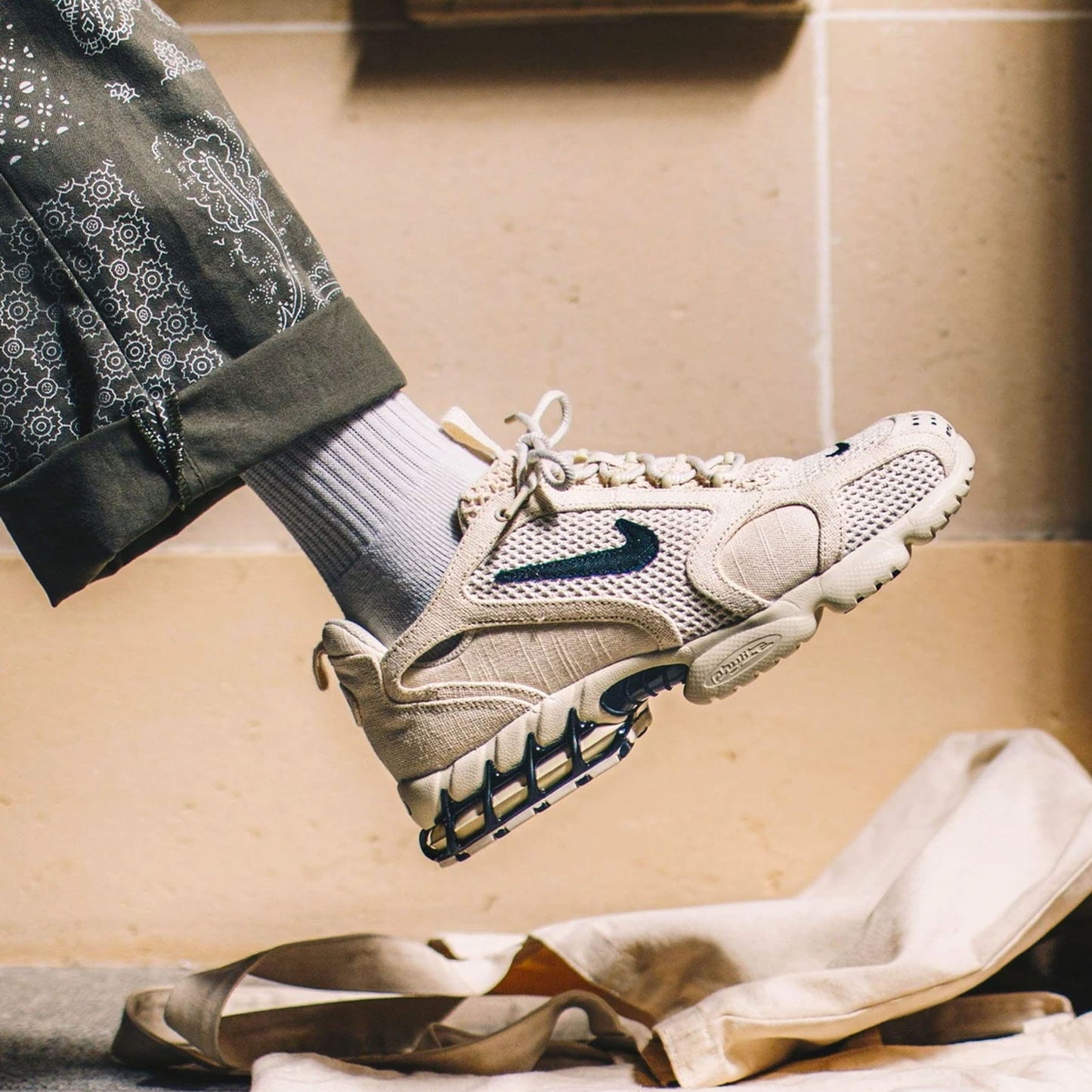 Stussy x Nike Air Zoom Spiridon Caged 2 'Fossil' — UK 3 | EU 35.5 | US 3.5 — Lifestyle View