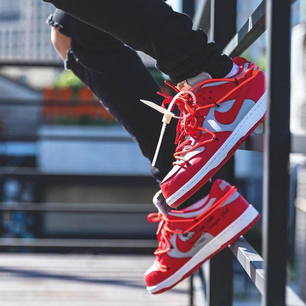 OFF-WHITE x Nike Dunk Low 'University Red' — UK 3 | EU 35.5 | US 3.5 — Lifestyle View