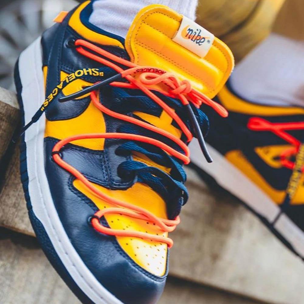 OFF-WHITE x Nike Dunk Low 'University Gold' — UK 3 | EU 35.5 | US 3.5 — Lifestyle View
