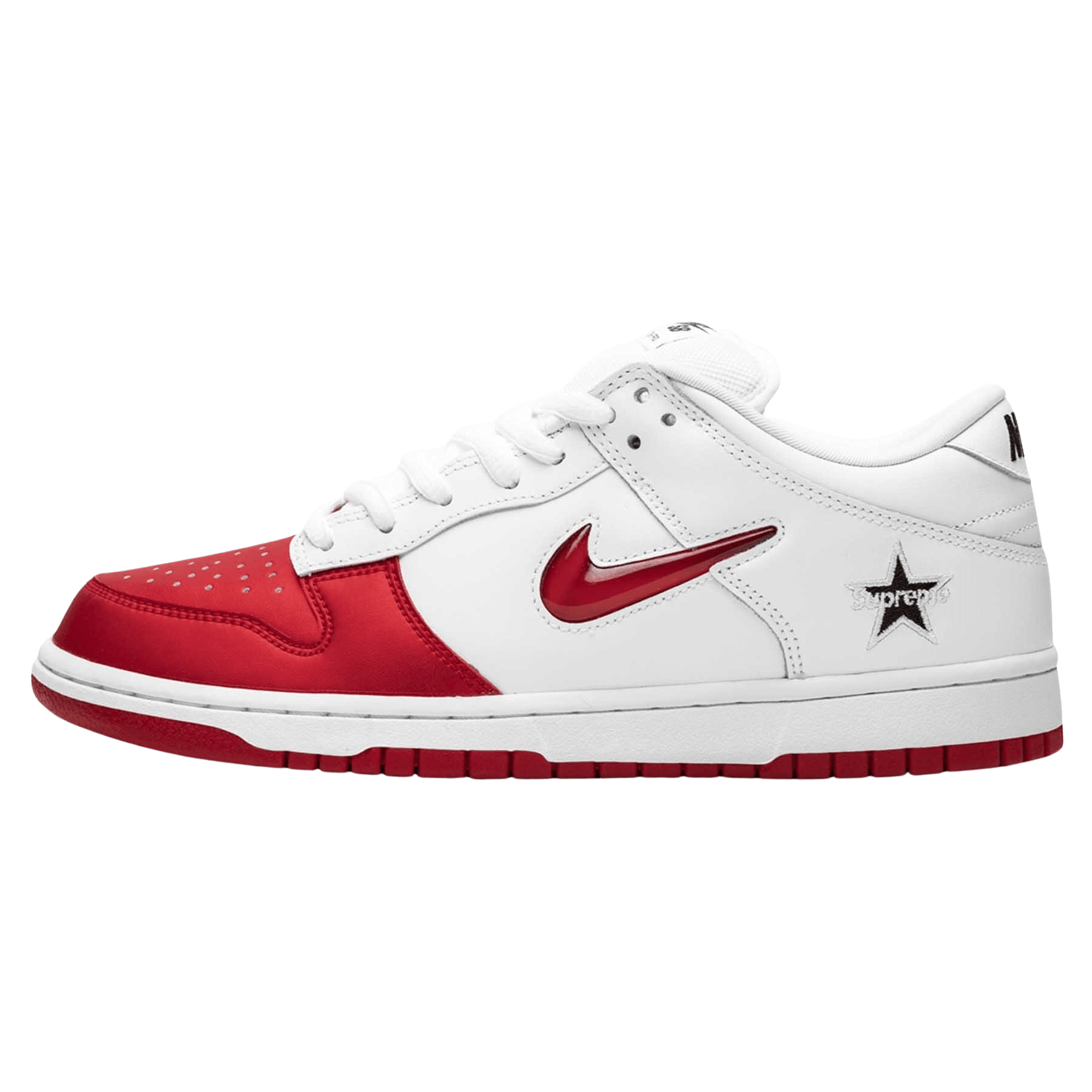 Supreme x Nike SB Dunk Low Red White — UK 3 | EU 35.5 | US 3.5 — Front View