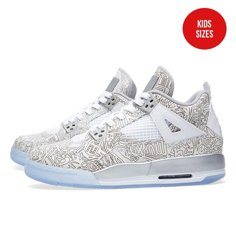 AIR JORDAN 4 RETRO LASER BG White & Metallic Silver — UK 13.5 | EU 32 | US 1Y — Front View